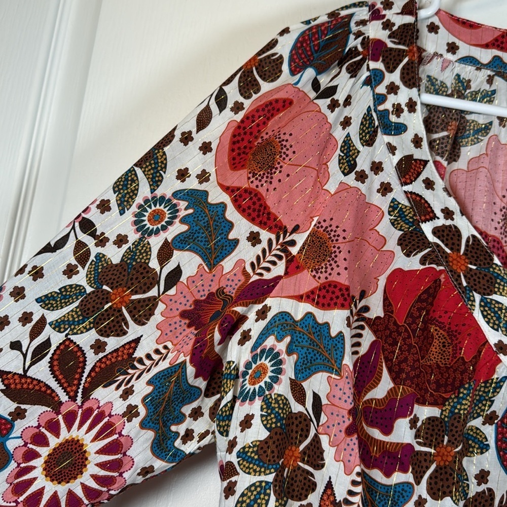 Jane + Delaney Floral White L/S V-Neck Blouse Size XL NWT #2961 - Picture 2 of 8